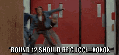a couple of people are dancing in a hallway with the words round 12 should be gucci xoxox .