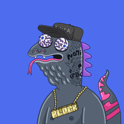 a cartoon drawing of a lizard wearing a hat and a necklace that says clock