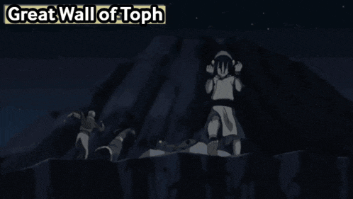 a cartoon character is standing on top of a mountain with the words great wall of toph above him