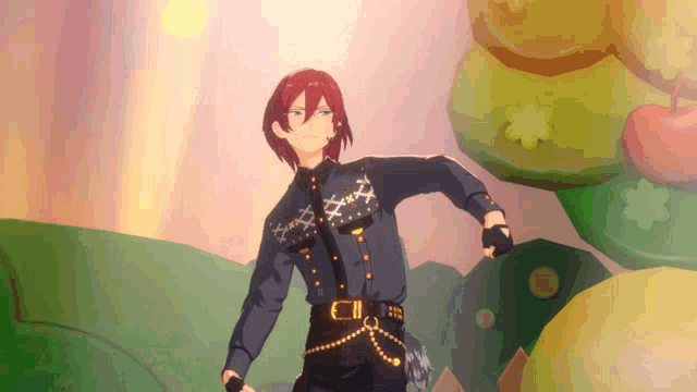a cartoon character with red hair is standing in front of a bunch of balloons