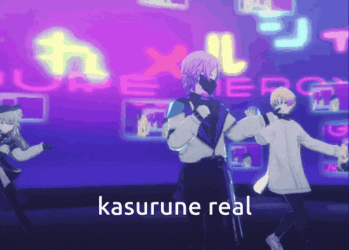 a group of anime characters are dancing in front of a neon sign that says ' kasurune real '