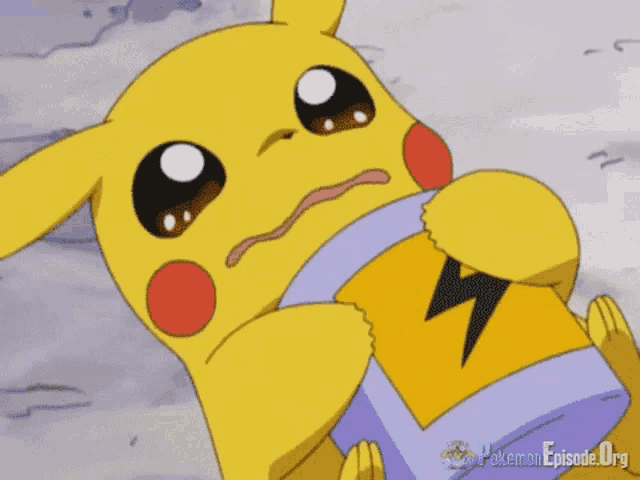 a cartoon pikachu is holding a purple lightning bolt and crying