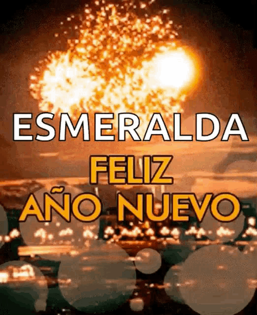 a fireworks display with the words esmeralda feliz ano nuevo in the foreground