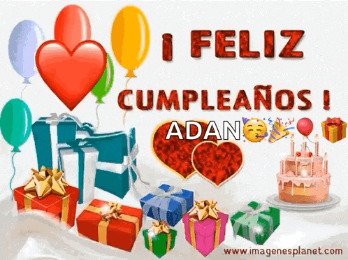 a birthday card with gifts and balloons says feliz cumpleanos