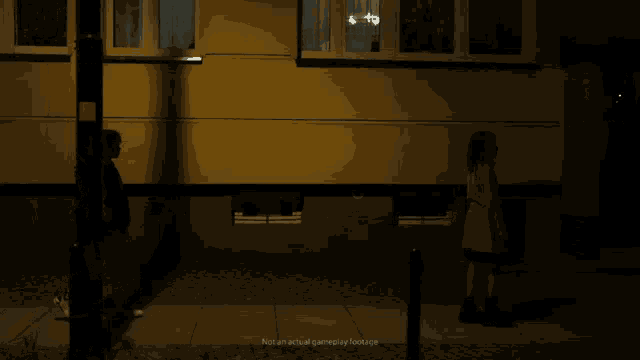 a person standing in front of a building with the words " not an actual gameplay footage " below them