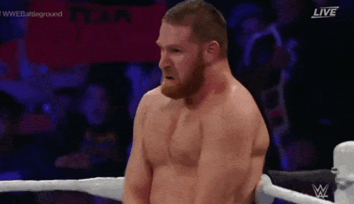 a man without a shirt is standing in a wrestling ring with a crowd watching .