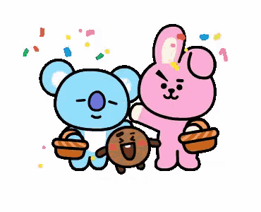 a cartoon of a koala , a bunny , and a cookie holding baskets of food .