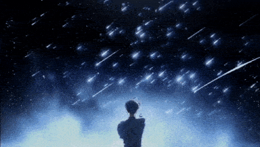a person standing under a starry night sky with shooting stars