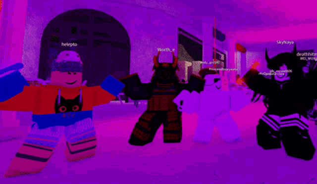 a group of roblox characters are standing in front of a purple background