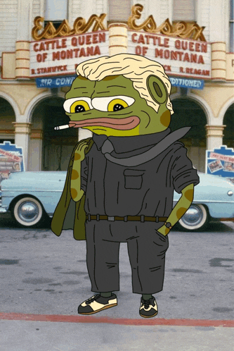 a cartoon of a frog standing in front of a theater called essen