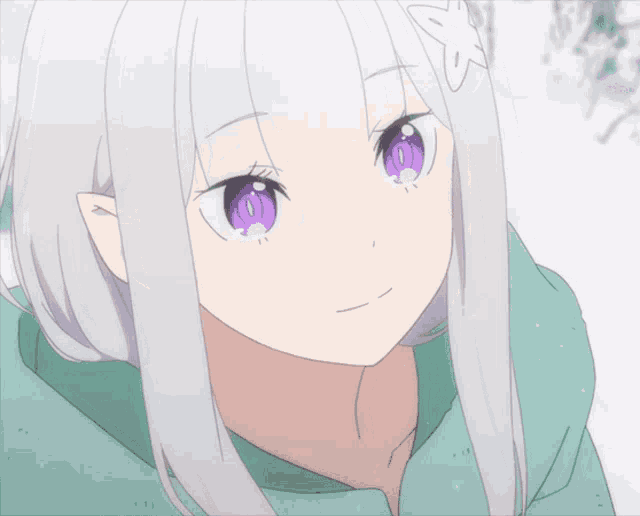 an anime girl with white hair and purple eyes