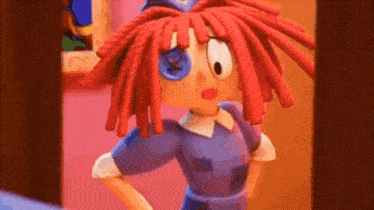 a cartoon doll with red hair and a blue eye