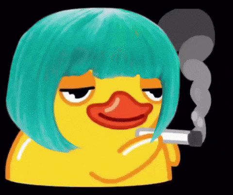 a yellow rubber duck with a blue wig is smoking a cigarette