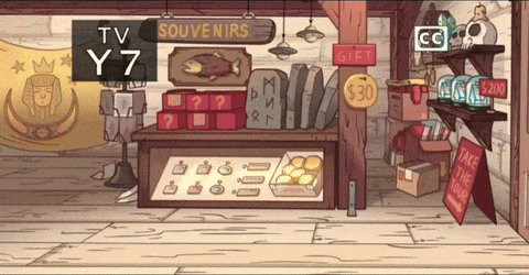 a cartoon illustration of a souvenir shop with a tv y7 logo in the background