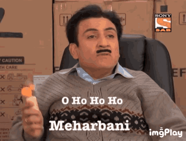 a man with a mustache is holding a carrot and says o ho ho ho meharbani ..