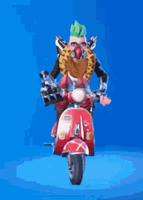 a man with a beard and mohawk is riding a red scooter .