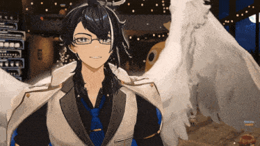 a man with long black hair and white wings is wearing glasses and a suit