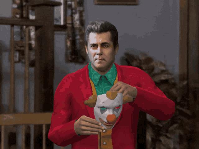 a man wearing a clown mask and a red suit