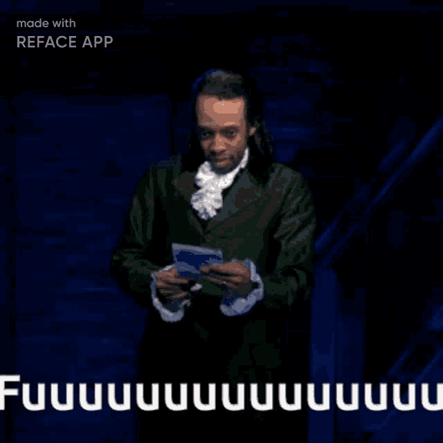 a man in a green suit is holding a piece of paper in front of a blue background that says reface app on it