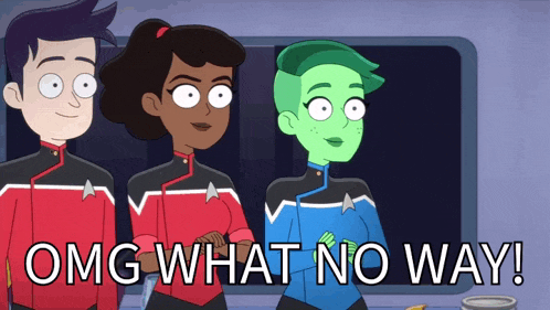 a group of cartoon characters standing next to each other with the words omg what no way