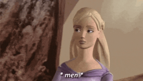 a barbie doll is wearing a purple dress and talking to someone in a room .