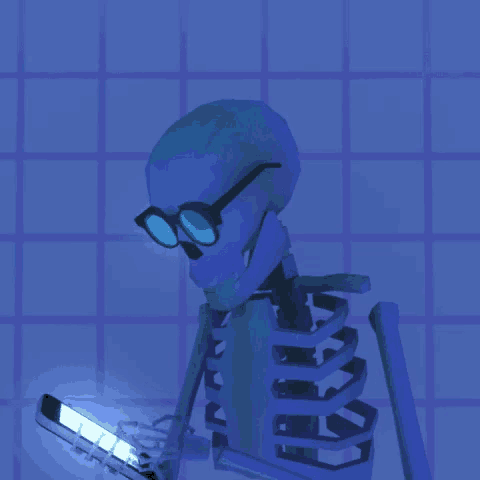 a skeleton wearing glasses holds a cell phone