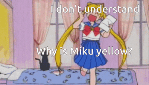 a cartoon of a girl holding a piece of paper with the words " i don t understand why is miku yellow "