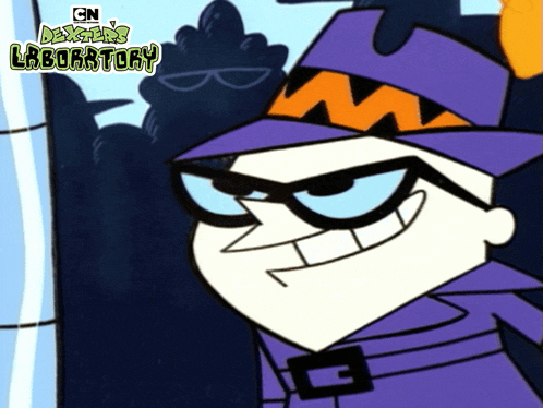 a cartoon character from cn dexter 's laboratory is wearing a purple hat
