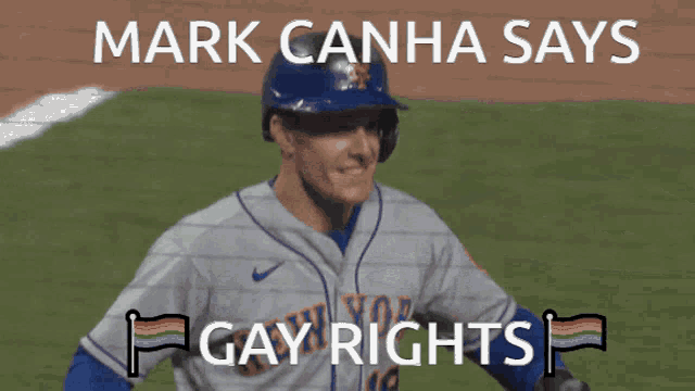 a baseball player in a new york mets uniform says gay rights in a meme