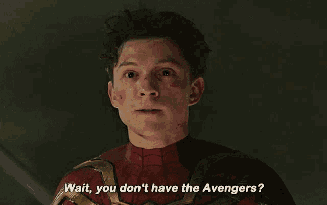 a man in a spider-man suit says wait you don 't have the avengers