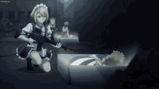 a girl in a maid outfit is kneeling down with a gun