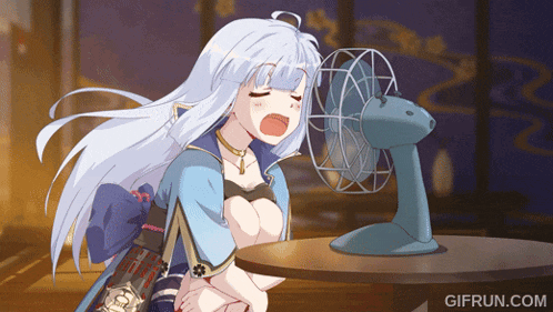 a girl with white hair is sitting in front of a fan with gifrun.com written on the bottom