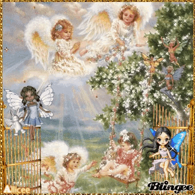a painting of angels and fairies with the word blingee on the bottom right
