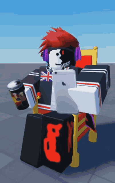 a roblox character is sitting in a chair holding a cup and a cellphone