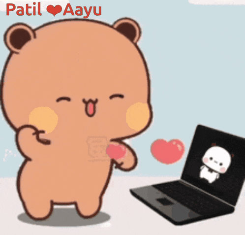 a cartoon of a teddy bear holding a heart in front of a laptop