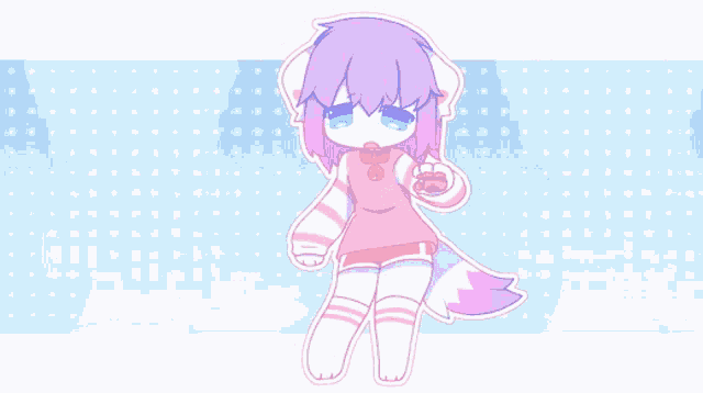 a cartoon drawing of a girl with purple hair and white paws