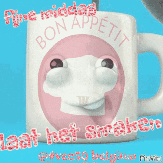 a picture of a mug with a mouth open and the words bon appetit