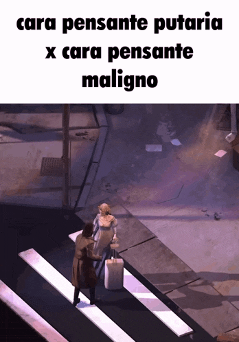 a man and a woman crossing a street with the words cara pensante putaria x cara pensante maligno above them