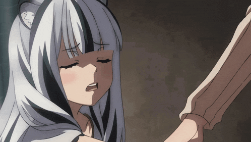 a girl with white hair and black stripes is holding a person 's arm