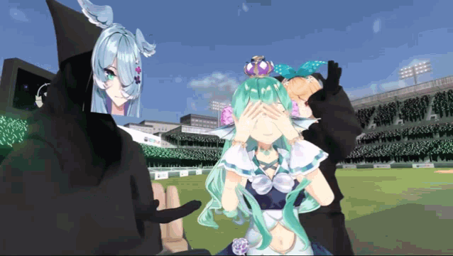 a girl with green hair and a crown on her head covers her eyes