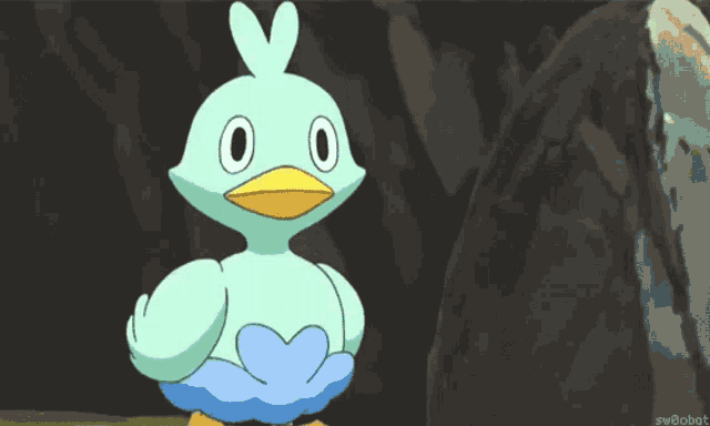 a cartoon bird with a yellow beak is standing in front of a rock