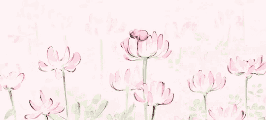 a painting of pink flowers with green stems on a pink background