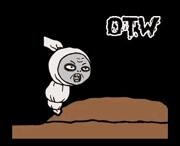 a cartoon of a ghost standing next to a grave with the word otw written above it .