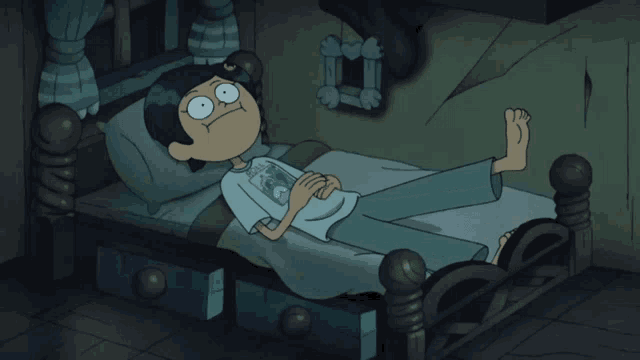 a cartoon character is laying on a bed with his feet on the headboard