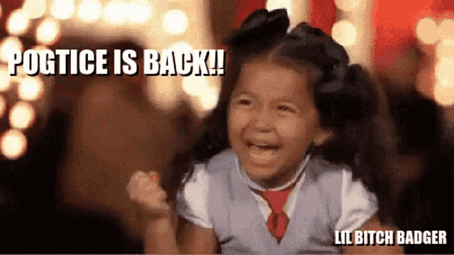 a little girl is crying with the words pogtice is back