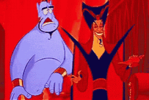 a cartoon of a genie and jafar from aladdin standing next to each other on a red background .