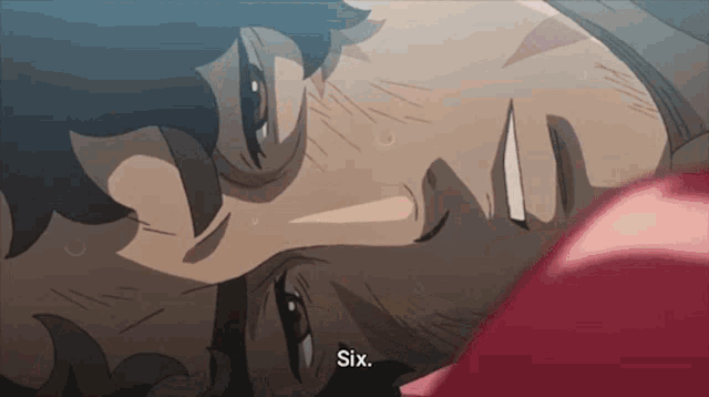 a close up of a man 's face with the word six written below it