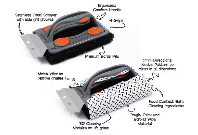 a before and after picture of a grill with a scraper