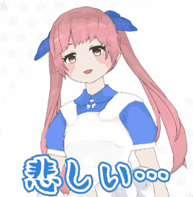 a girl with pink hair is wearing a blue shirt