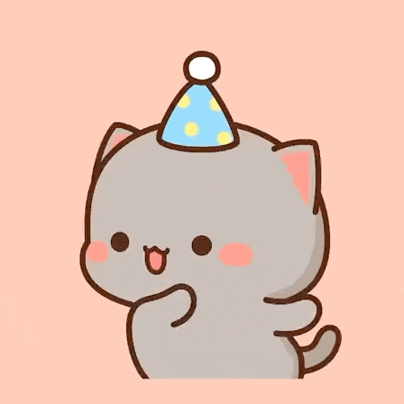a cartoon cat wearing a blue party hat is dancing .